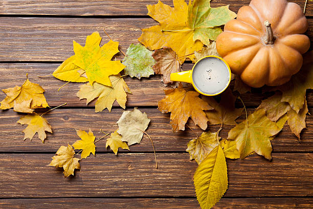 istock fallen leaves, pumpkin and cup of coffee 546206172