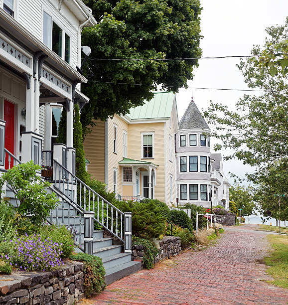 Residential city street block-Portland, Maine. Nobody. Horizontal