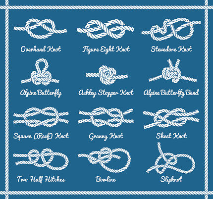 Set of rope knots, hitches, bows, bends. Decorative vector design. Part 1 of 3