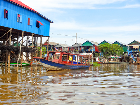 traditional settlement with wooden houses at the Tonle Sap river in Cambodia