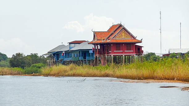 traditional settlement with wooden houses at the Tonle Sap river in Cambodia