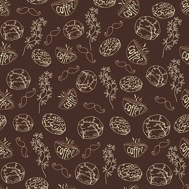 Vector illustration of seamless pattern, coffee time, hand-drawn elements on a dark background