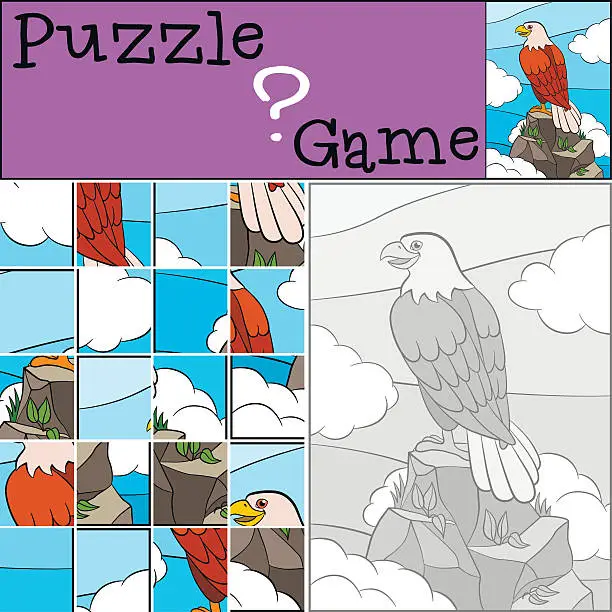 Vector illustration of Education games for kids. Puzzle. Cute bald eagle smiles.