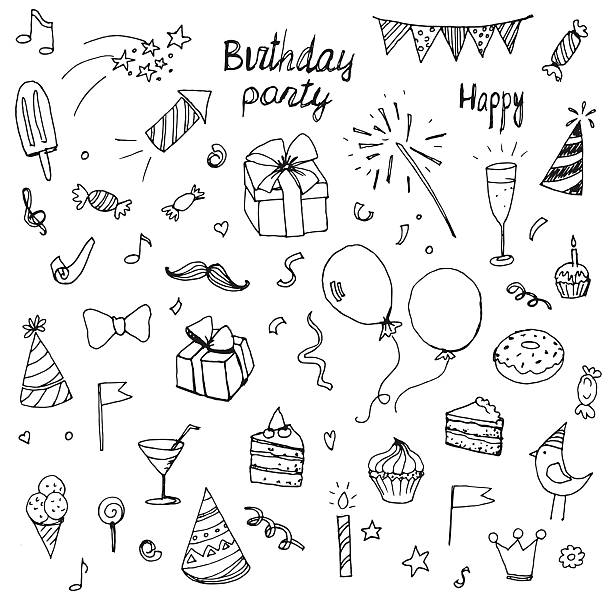 geburtstag doodle sammlung gezeichnete hände elemente - food and drink holidays and celebrations isolated objects birthdays stock-grafiken, -clipart, -cartoons und -symbole