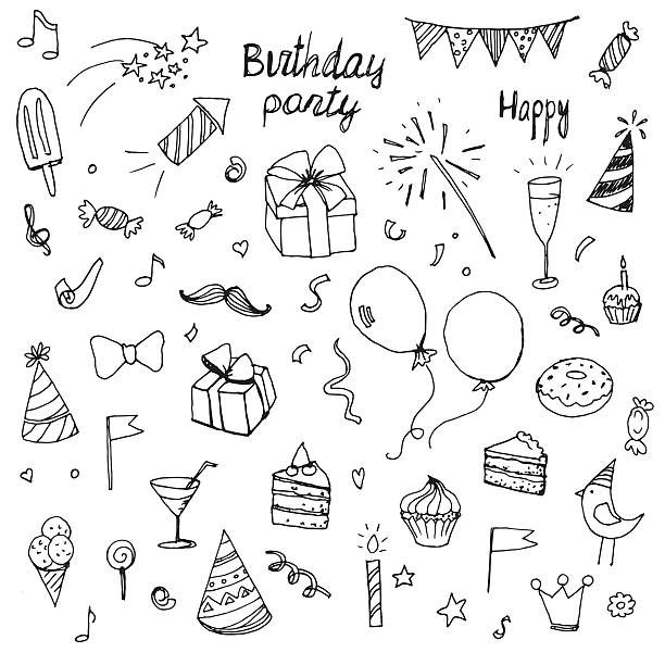 ilustraciones, imágenes clip art, dibujos animados e iconos de stock de colección de doodle cumpleaños dibujado manos elementos - fiesta ilustraciones