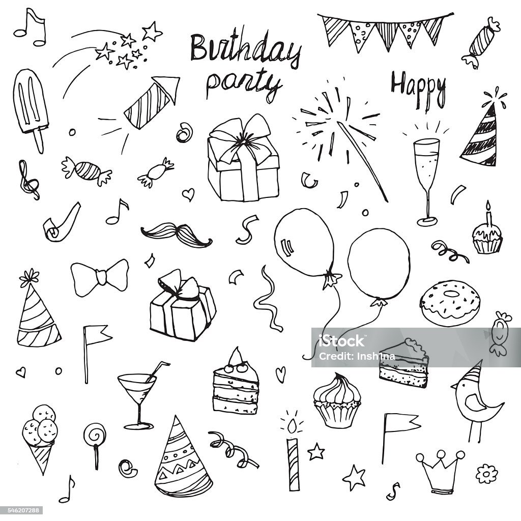 birthday doodle collection drawn hands elements birthday doodle collection drawn hands elements, isolated on white background Drawing - Activity stock vector