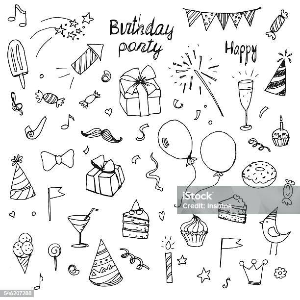 Birthday Doodle Collection Drawn Hands Elements Stock Illustration - Download Image Now - Drawing - Activity, Birthday, Drawing - Art Product