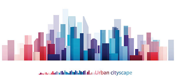 illustrazioni stock, clip art, cartoni animati e icone di tendenza di edificio colorato e città, astratto della città, l'immagine crepuscolo in città. - skyscraper skyline built structure business