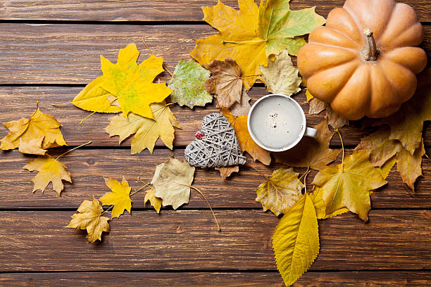 istock fallen leaves, pumpkin, toy and cup of coffee 546207650