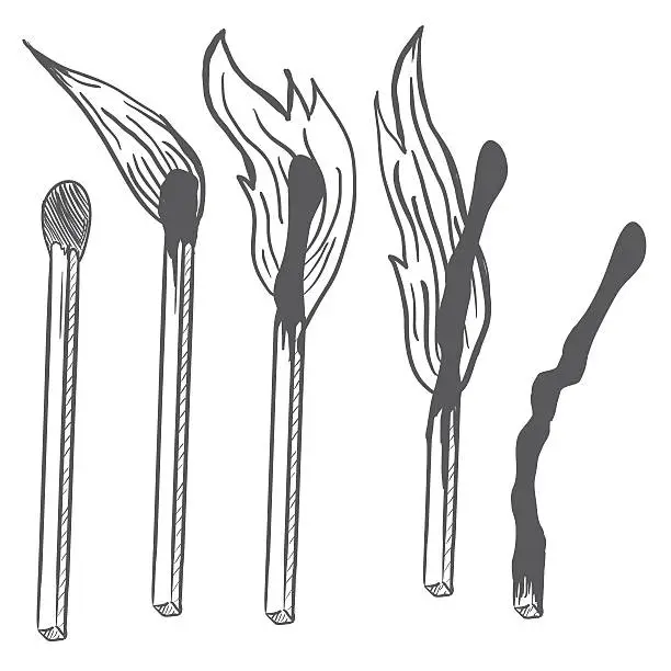 Vector illustration of Vector Sketch Set of Burning Matches. Different Stages of Combustion