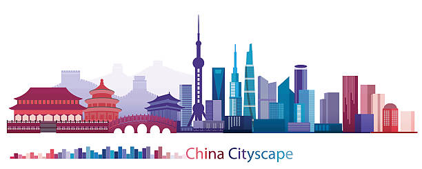 красочное здание и город китая, абстрактное китайское здание древнего и современного - china stock illustrations