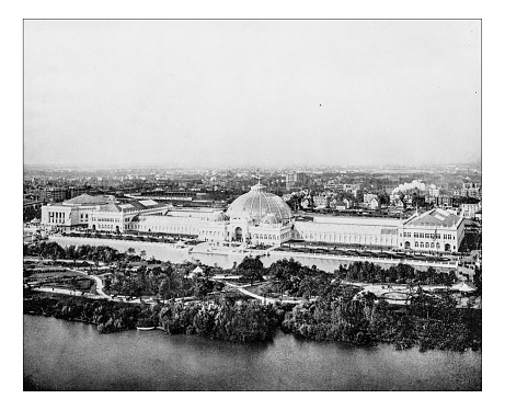 Antique photograph of aerialal view of the so-called Horticulture building at the World's Columbian Exposition held in Chicago (USA) in 1893. In the picture the majestic arched building with its big crystal dome in the central pavillion, overlooking the grounds and the Lake Michigan. The building was destroyed following the closing of the fair