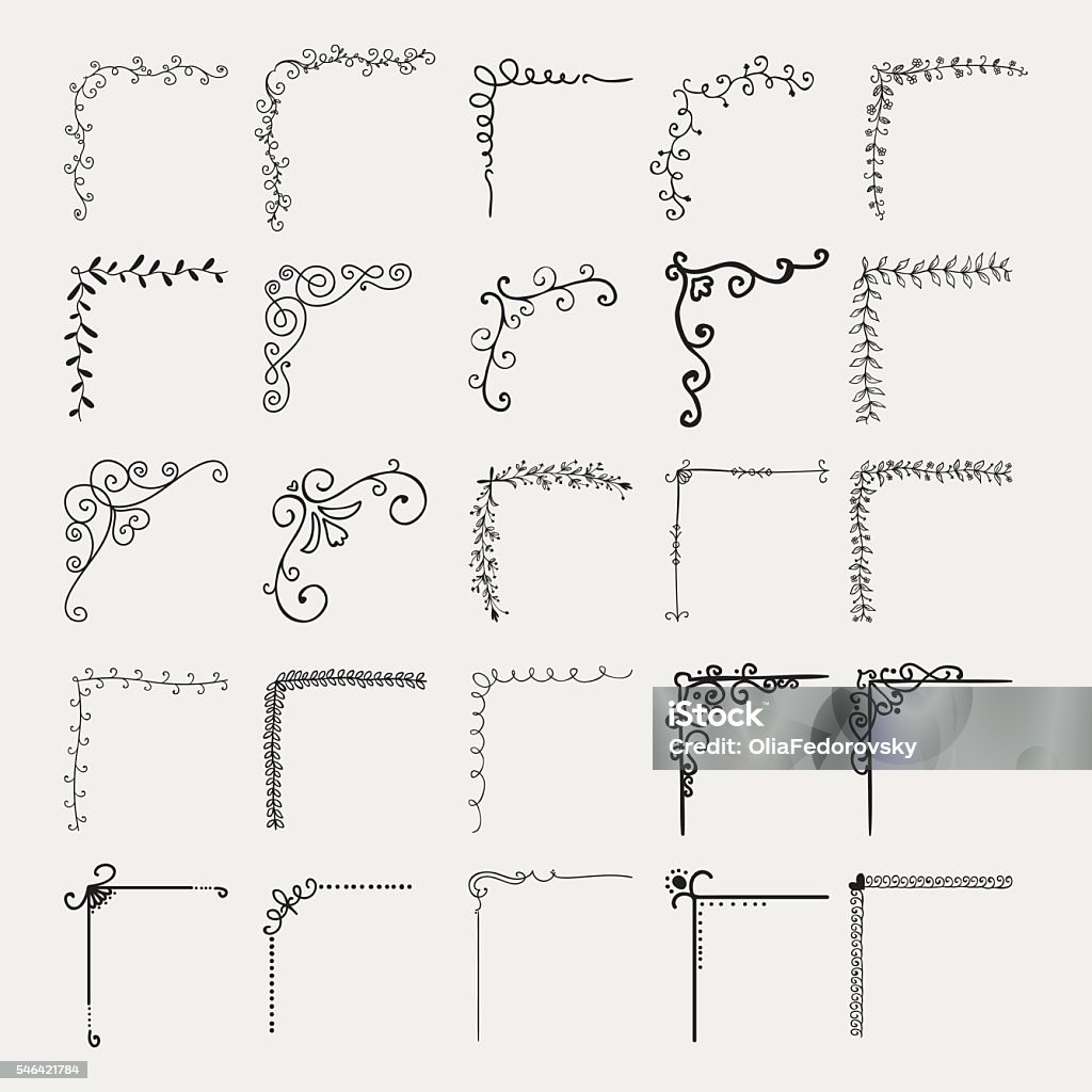 Vector Black Decorative Hand Drawn Outlined Corners Set of Hand Drawn Black Doodle Outlined Corners. Rustic Decorative Design Elements, Floral Frame Corners, Swirls, Borders. Sketched Vector Illustration. Calligraphy stock vector
