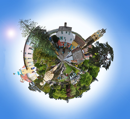 A 'mini planet' view of the famous village of Portmeirion in Wales, UK. Logos removed.