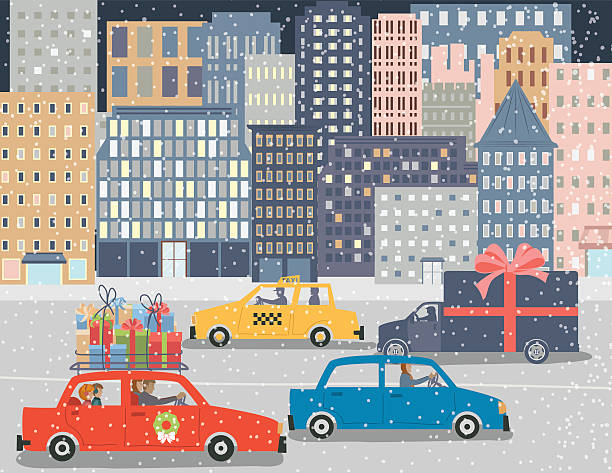 Winter Christmas City Scene in a big city. Cars and traffic driving on the road. One car has gifts piled on top.