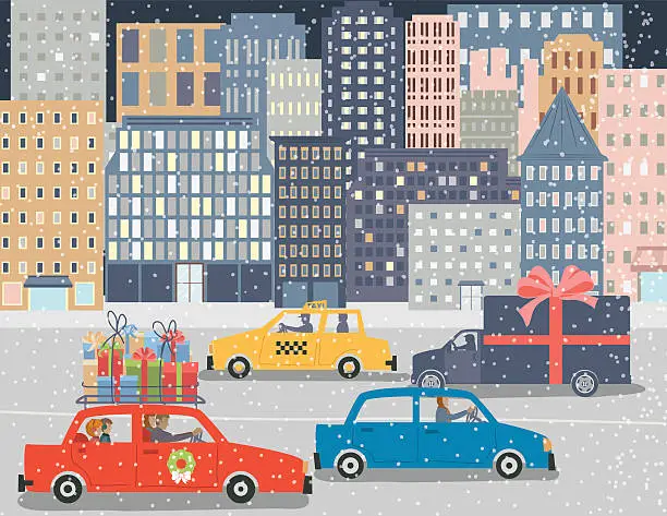 Vector illustration of Christmas Shopping in A Big City