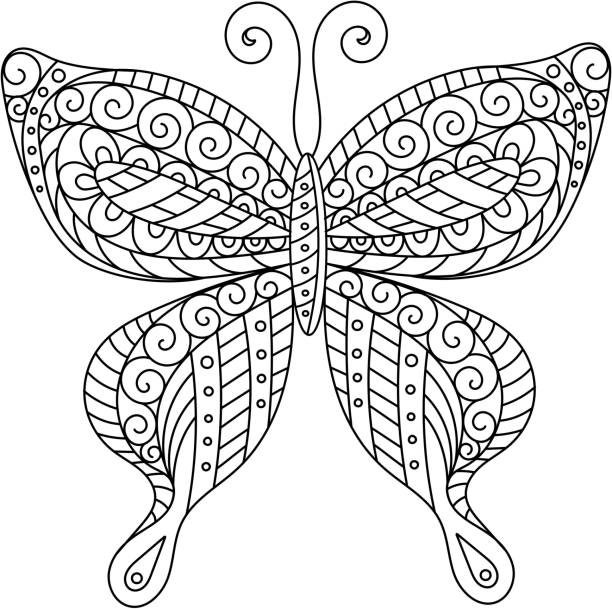 ilustrações de stock, clip art, desenhos animados e ícones de coloring book for adult and older children.  page. outline drawing - summer backgrounds line art butterfly