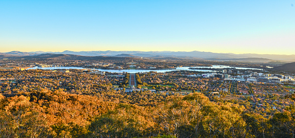 Canberra, Australia, 12 June 2016. From Mount Ainslie, it a strategic position to enjoy the sunset over Canberra city and the Brindabella hills.