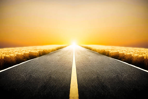 istock Red sunset over long road with lawn filed. 546430050