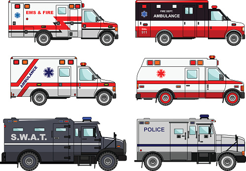 Silhouette illustration of fire truck, police and ambulance cars isolated on white background. Vector illustration.