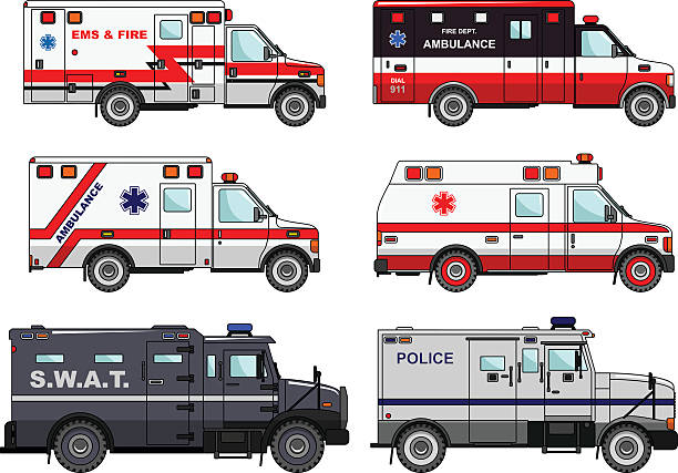 Set of different fire truck, police and ambulance cars. Vector. Silhouette illustration of fire truck, police and ambulance cars isolated on white background. Vector illustration. ambulance stock illustrations