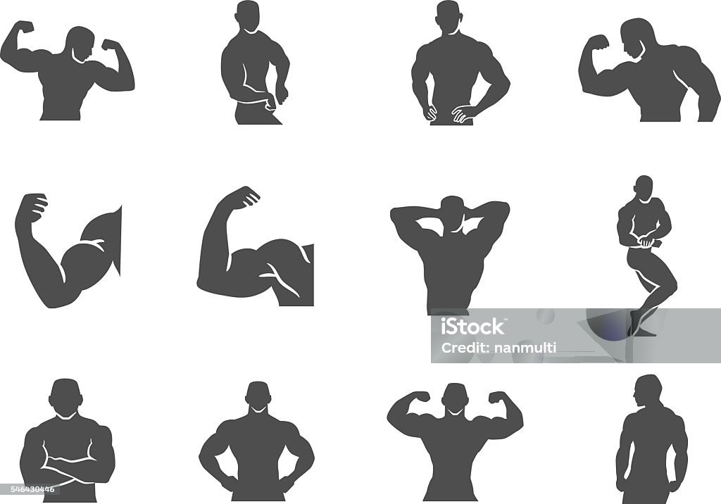 icon_Template silhouette, adult, healthy, sport, vector, illustration, energy, isolated, man, male, power, model, health, strong, strength, arm, pose, posing, fit, gym, body, human, workout, fitness, athlete, training, muscular, exercise, icon, chest, weight, athletic, anatomy, muscle, hunk, builder, bodybuilding, flexing, bicep, bodybuilder, flex, pectoral Muscular Build stock vector