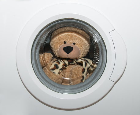 Fluffy bear toy in washing machine