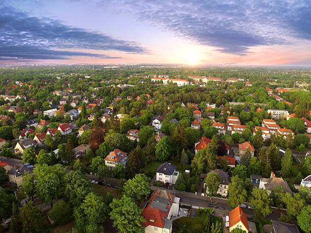 Aerial View of suburban Houses in sunset - germany stock photo