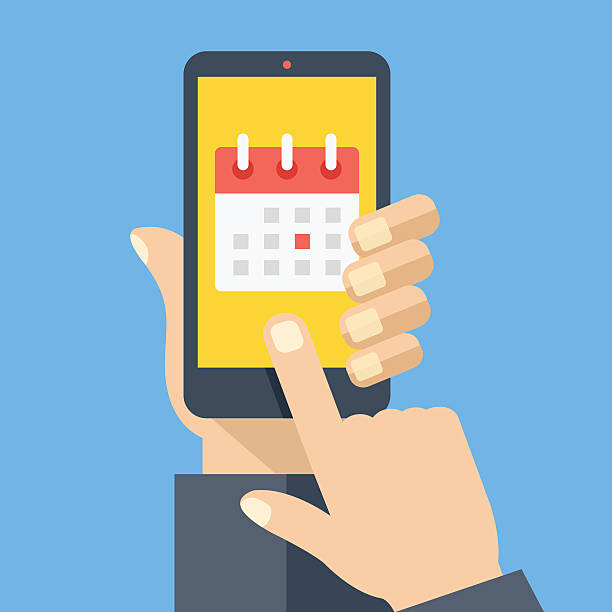 Calendar icon, schedule, planning app in smartphone. Flat vector illustration Calendar icon, schedule, planning app on smartphone screen. Hand holds smartphone, finger touches screen. Modern concept for web banner, web site, infographic. Creative flat design vector illustration phone calendar stock illustrations
