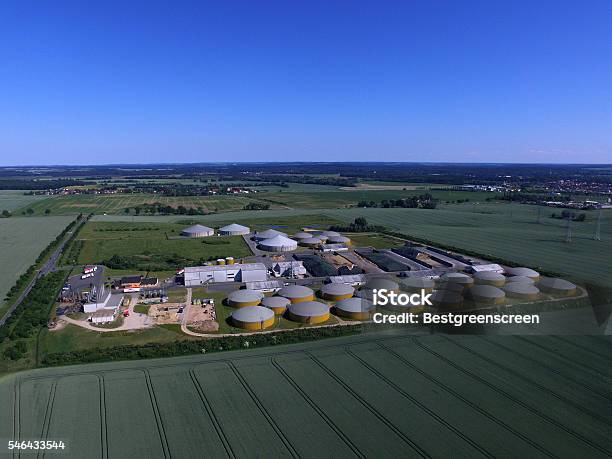 Aerial View From Big Biogas Plant In Green Fields Stock Photo - Download Image Now - Gasoline, Sewage Treatment Plant, Agricultural Field