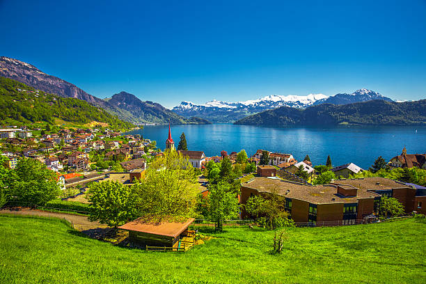 Village Weggis, lake Lucerne and Pilatus mountain from Weggis stock photo