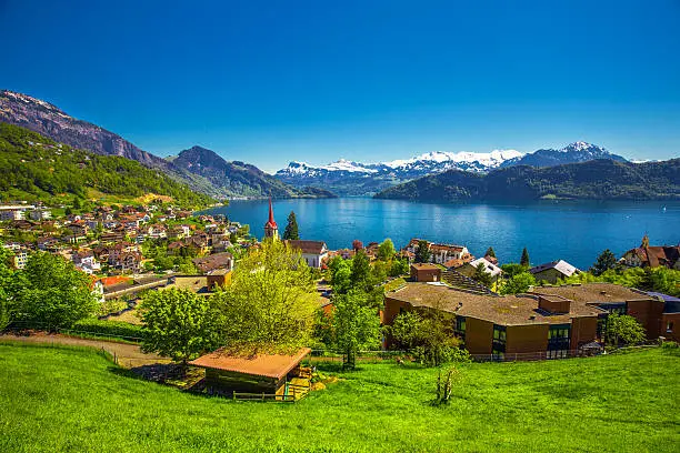 Village Weggis, lake Lucerne (Vierwaldstattersee), Pilatus mountain and Swiss Alps in the background near famous Lucerne city, Switzerland