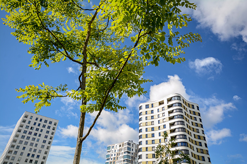Facade of modern residential towers in a green environment