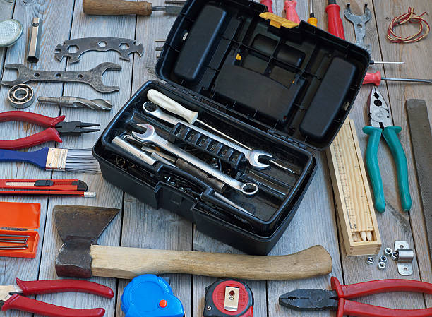 istock Set of tools on the floor, top view. 546436928