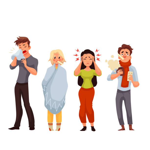 Set of sick people cartoon style vector illustration Set of sick people cartoon style vector illustration isolated on white background. People feeling unwell, having cold, seasonal flu, high temperature, running nose, and headache sick white background stock illustrations