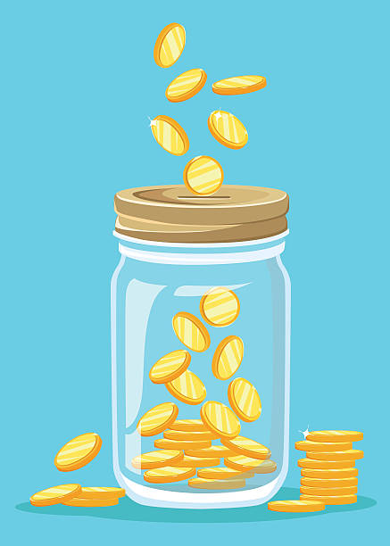 geld jar. sparen dollar-münze in glas. flacher designstil - currency jar coin donation box stock-grafiken, -clipart, -cartoons und -symbole
