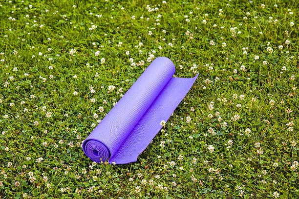 istock Purple Yoga Exercise Mat On Green Grass 546443412