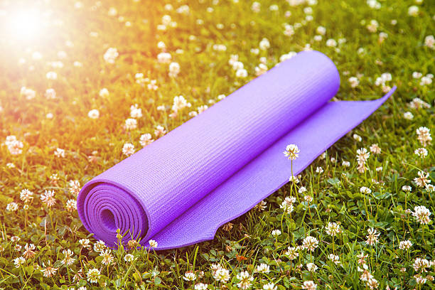 istock Purple Yoga Exercise Mat On Green Grass 546443492