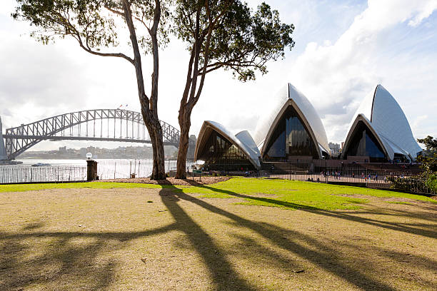 vista sull'opera house e sull'harbour bridge di sydney dal giardino botanico - sydney opera house sydney australia opera house bridge foto e immagini stock