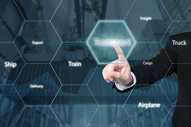 istock Business man touching transport icon 546446356