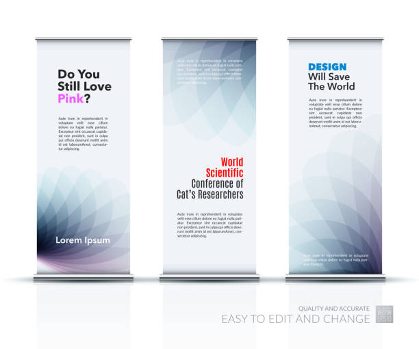Vector set of modern Roll Up Banner Stand Design with Vector set of modern Roll Up Banner Stand Design with grey soft shapes and flower wave gradient elements for business and beauty with beautiful overlap effect. Corporate vector vertical flyer.  aluminum sign mockup stock illustrations
