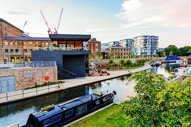 Kings cross canal with buildings stock photo