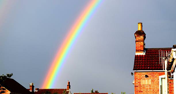 istock meteorological phenomenon rainbow light effect sky town roof top background 546448708