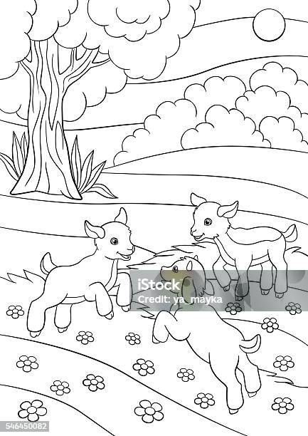 Coloring Pages Farm Animals Three Little Cute Goatlings Stock Illustration - Download Image Now