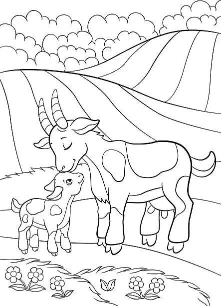 Vector illustration of Coloring pages. Farm animals. Mother goat with her little baby