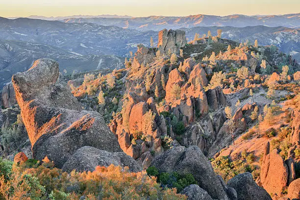 Sunset over the volcanic monoliths of Pinnacles National Park.