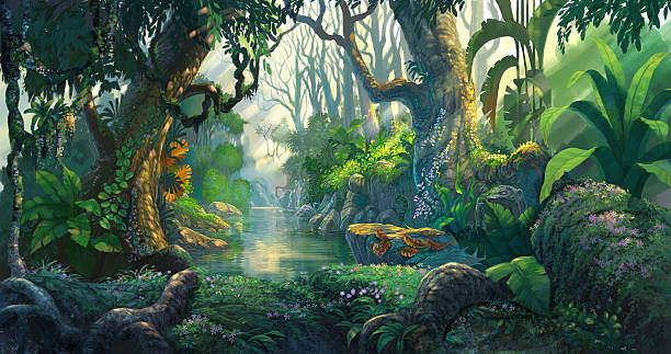 판타지 포레스트 배경 일러스트 페인팅 - tropical rainforest illustrations stock illustrations