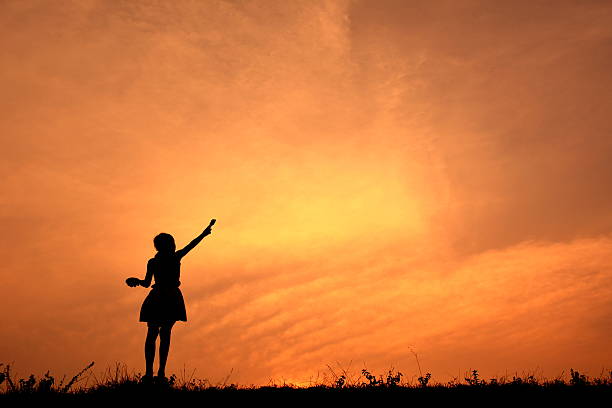 Silhouette girl holding paint brush in the sunset. Concept big dream