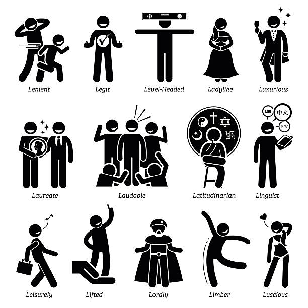 Positive Personalities Character Traits. Stick Figures Man Icons. Positive personalities traits, attitude, and characteristic. Lenient, legit, level-headed, ladylike, luxurious, laureate, laudable, latitudinarian, linguist, leisurely, lifted, lordy, limber, and luscious. laureate stock illustrations