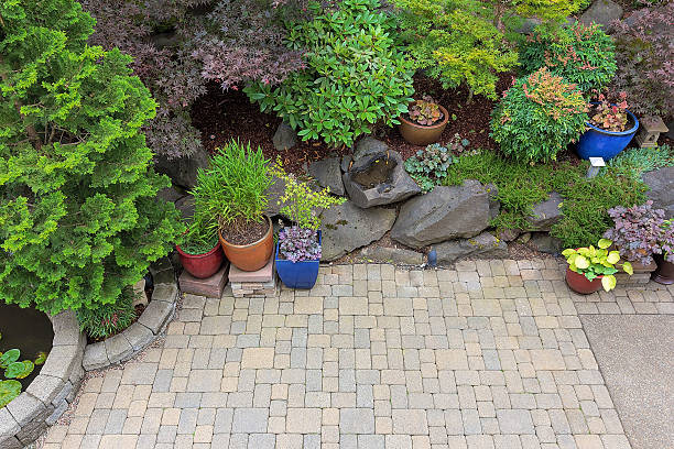 Backyard Patio Landscaping Overview Backyard garden landscaping with paver bricks patio hardscape trees potted plants shrubs pond rocks and decor chamaecyparis stock pictures, royalty-free photos & images